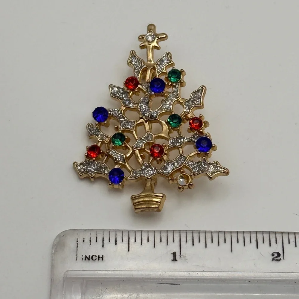 Vintage Christmas Tree Brooch Gold Tone Rhinestone Holiday Pin Red Blue Green